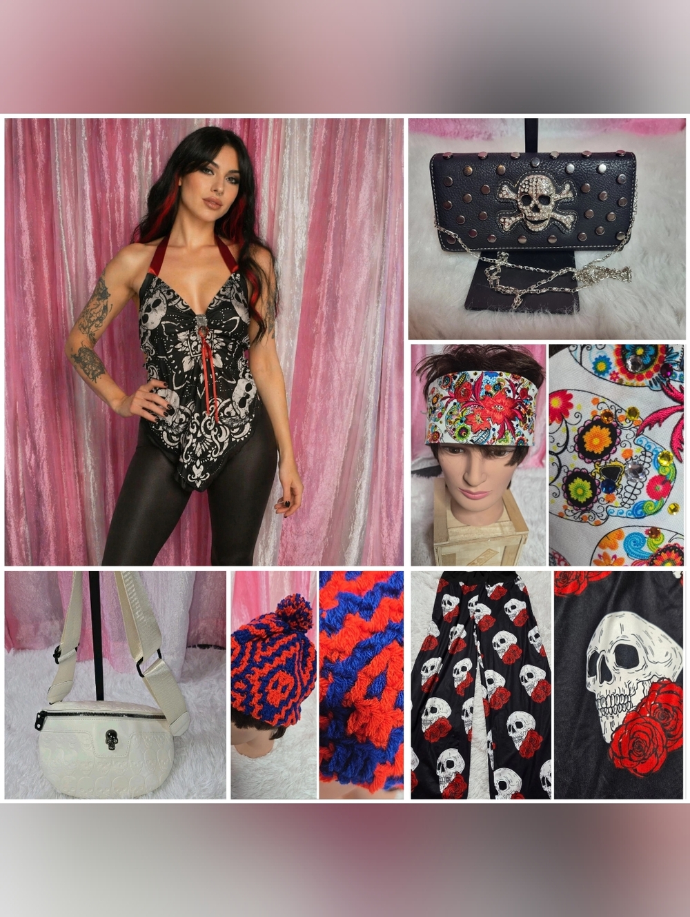 Gothic Skull Bundle 7- Halter Top Pants Wallet Hat Headbands Purse Size Medium